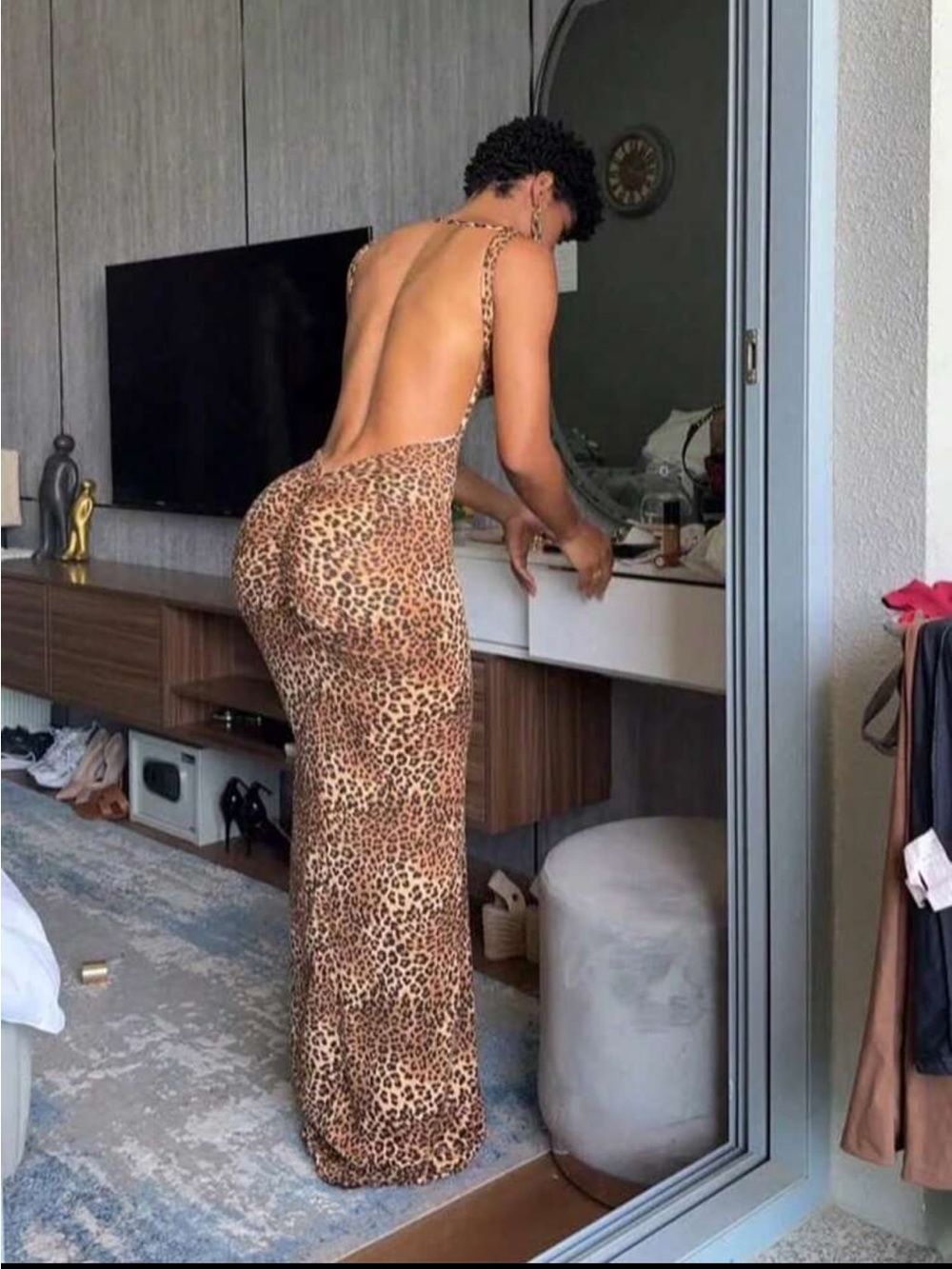 Leopard Print Backless Maxi Dress - Brown
